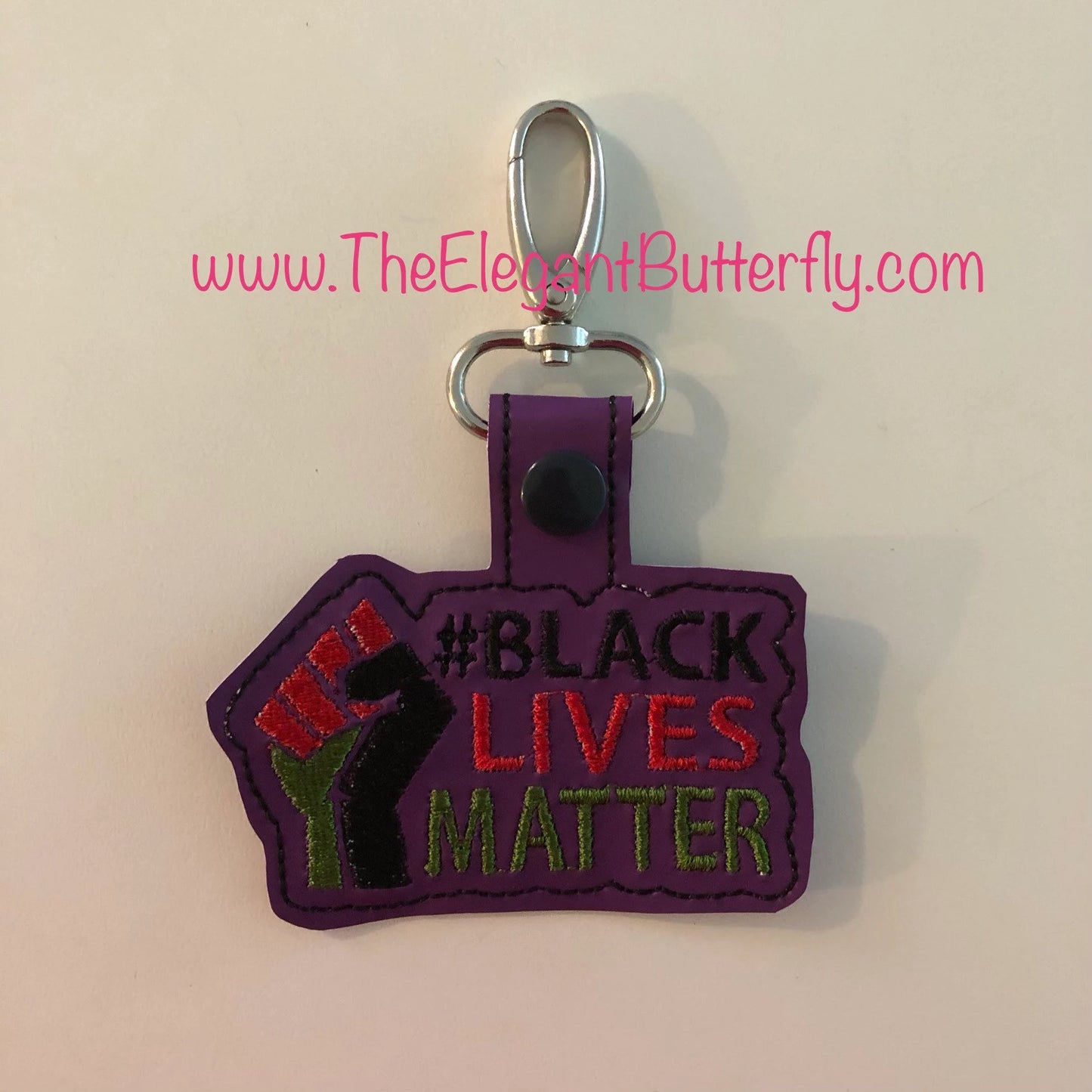 Black Lives Matter Faux Leather Snap Tab Keychain – Embroidered BLM Backpack Charm | Handmade Key Fob