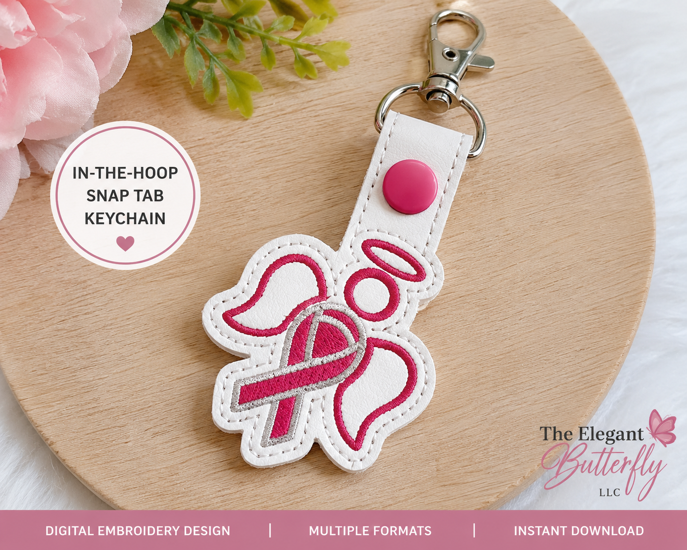 Pink Ribbon Angel Wings Faux Leather Snap Tab Keychain Embroidery Design | Breast Cancer Awareness In-the-Hoop ITH Digital Download
