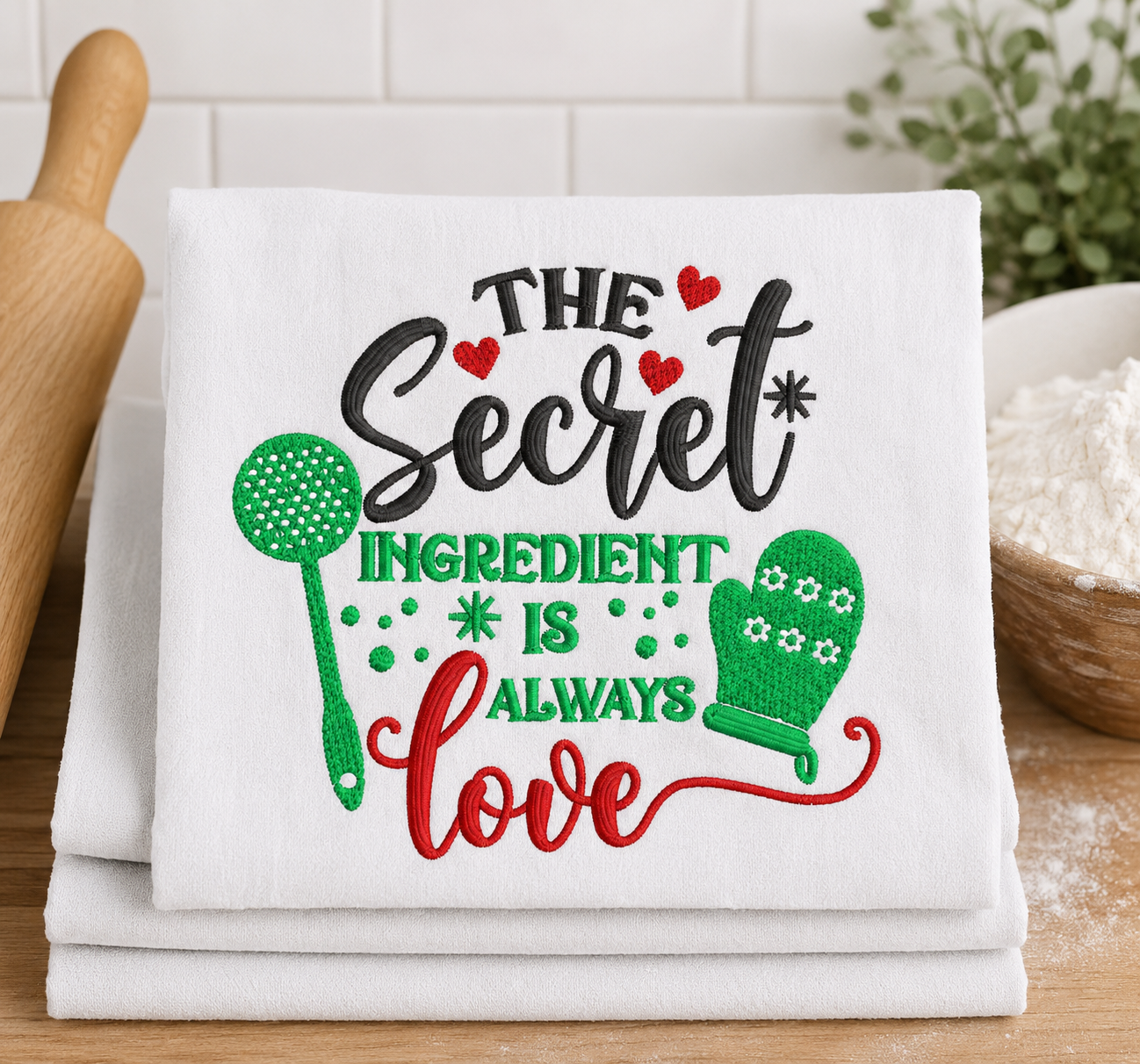 The Secret Ingredient Is Always Love Embroidered Flour Sack Dish Towel | Farmhouse Kitchen Decor | Housewarming Gift | Kitchen Tea Towel