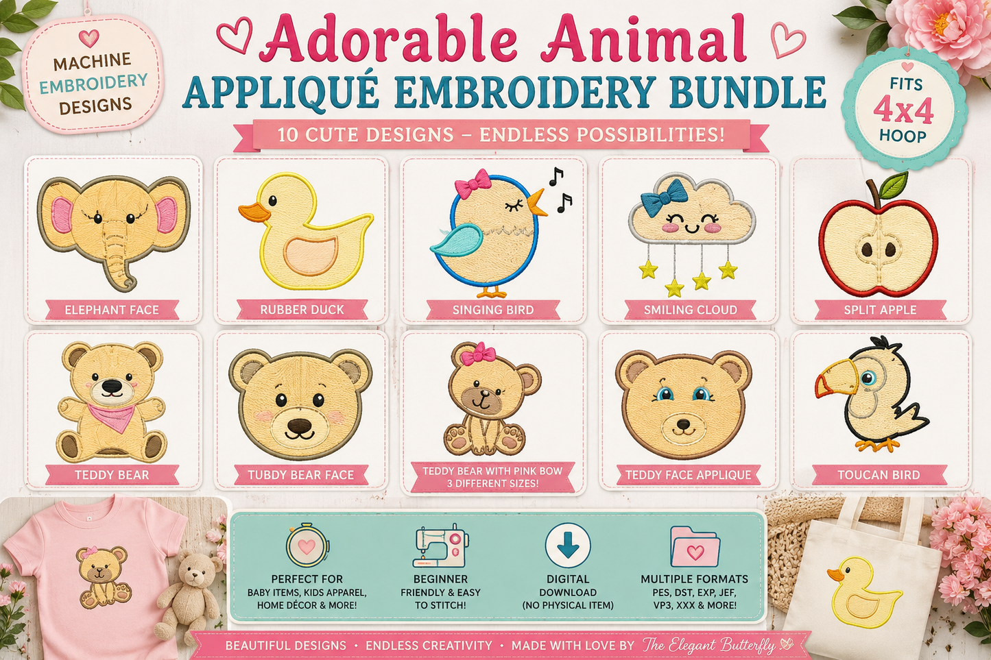 Adorable Animal Appliqué Embroidery Bundle | Cute Baby Animal Designs | Teddy Bear, Duck, Bird, Cloud & More | 4x4 Machine Embroidery Files