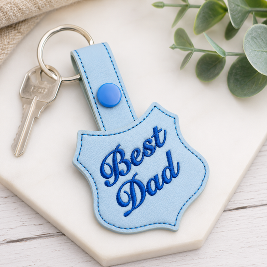 Best Dad Faux Leather Snap Tab Keychain – Embroidered Father's Day Gift | Handmade Key Fob | Backpack Charm