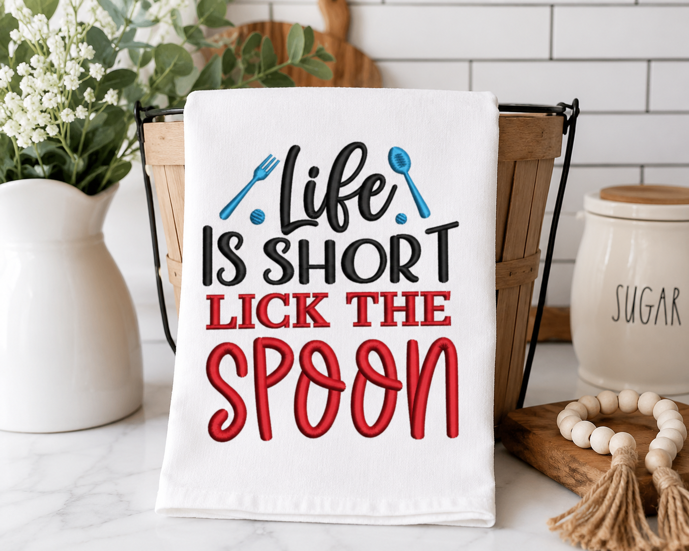 Life Is Short, Lick the Spoon Embroidered Kitchen Towel | Funny Farmhouse Dish Towel | White Flour Sack Tea Towel | Housewarming Gift