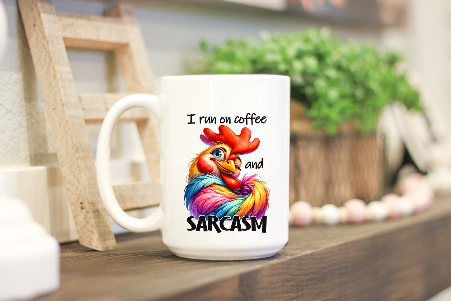 "12oz Coffee Mug - I Run on Coffee and Sarcasm' with Colorful Rooster Design"