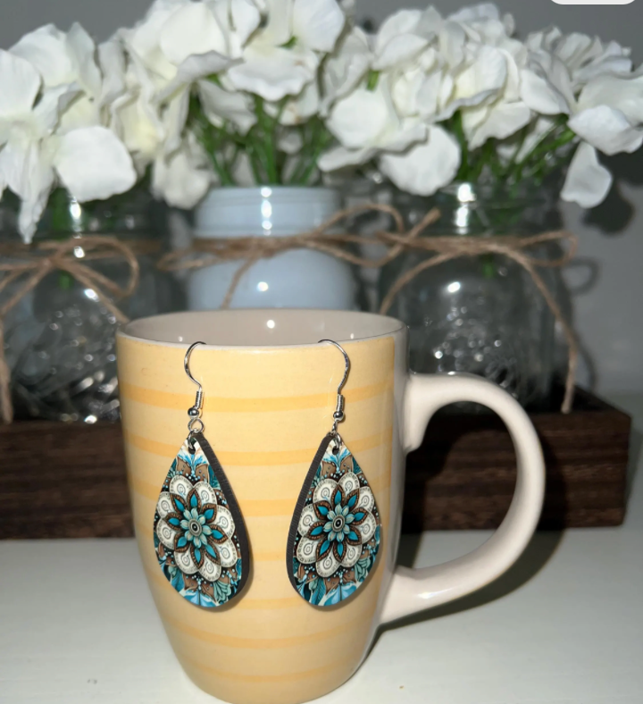 Bohemian Mandala Wood Teardrop Earrings - Handcrafted Artisan Dangle Earrings