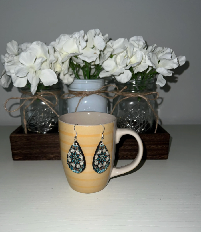 Bohemian Mandala Wood Teardrop Earrings - Handcrafted Artisan Dangle Earrings