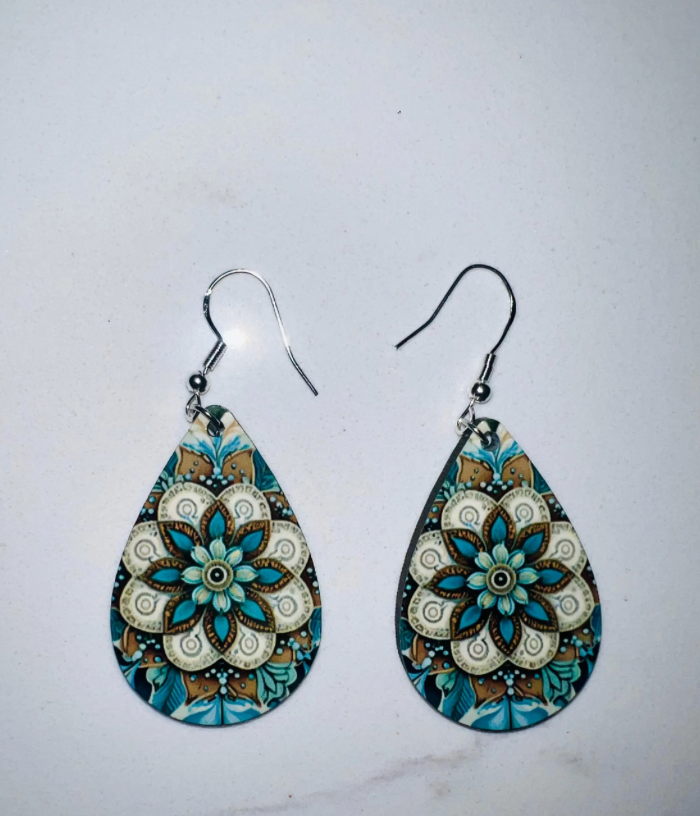 Bohemian Mandala Wood Teardrop Earrings - Handcrafted Artisan Dangle Earrings