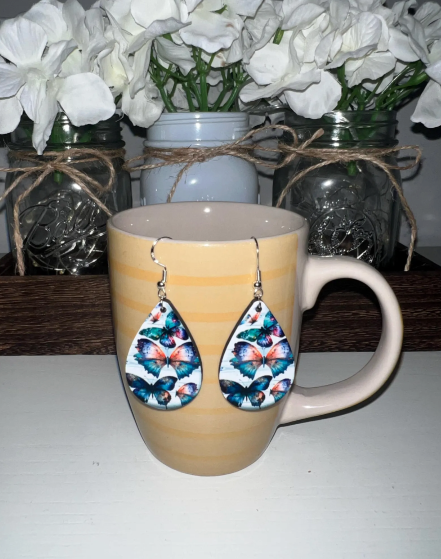 2.5" Lightweight Wood Teardrop Earrings-Vibrant Butterfly Wooden Teardrop Earrings - Colorful Nature-Inspired Dangle Earrings