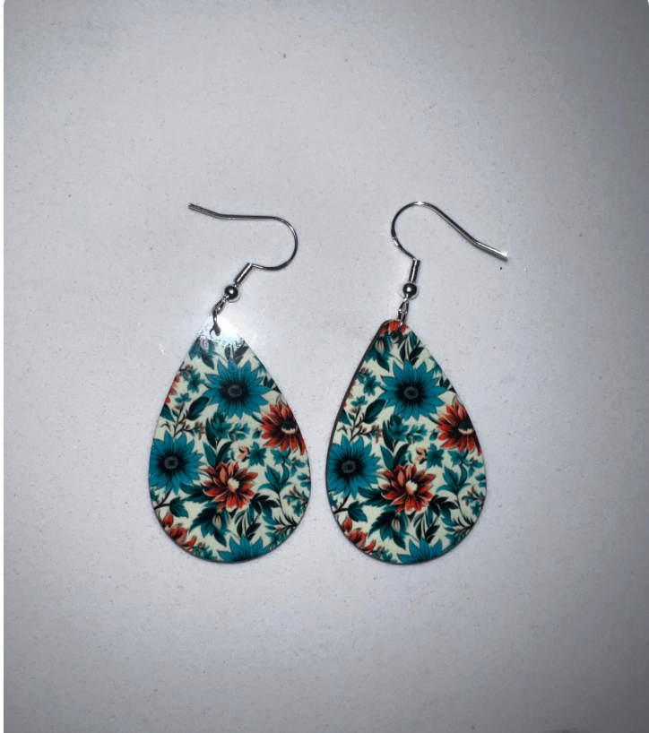 Turquoise Floral Wood Teardrop Earrings - Vibrant Summer Flower Dangle Earrings