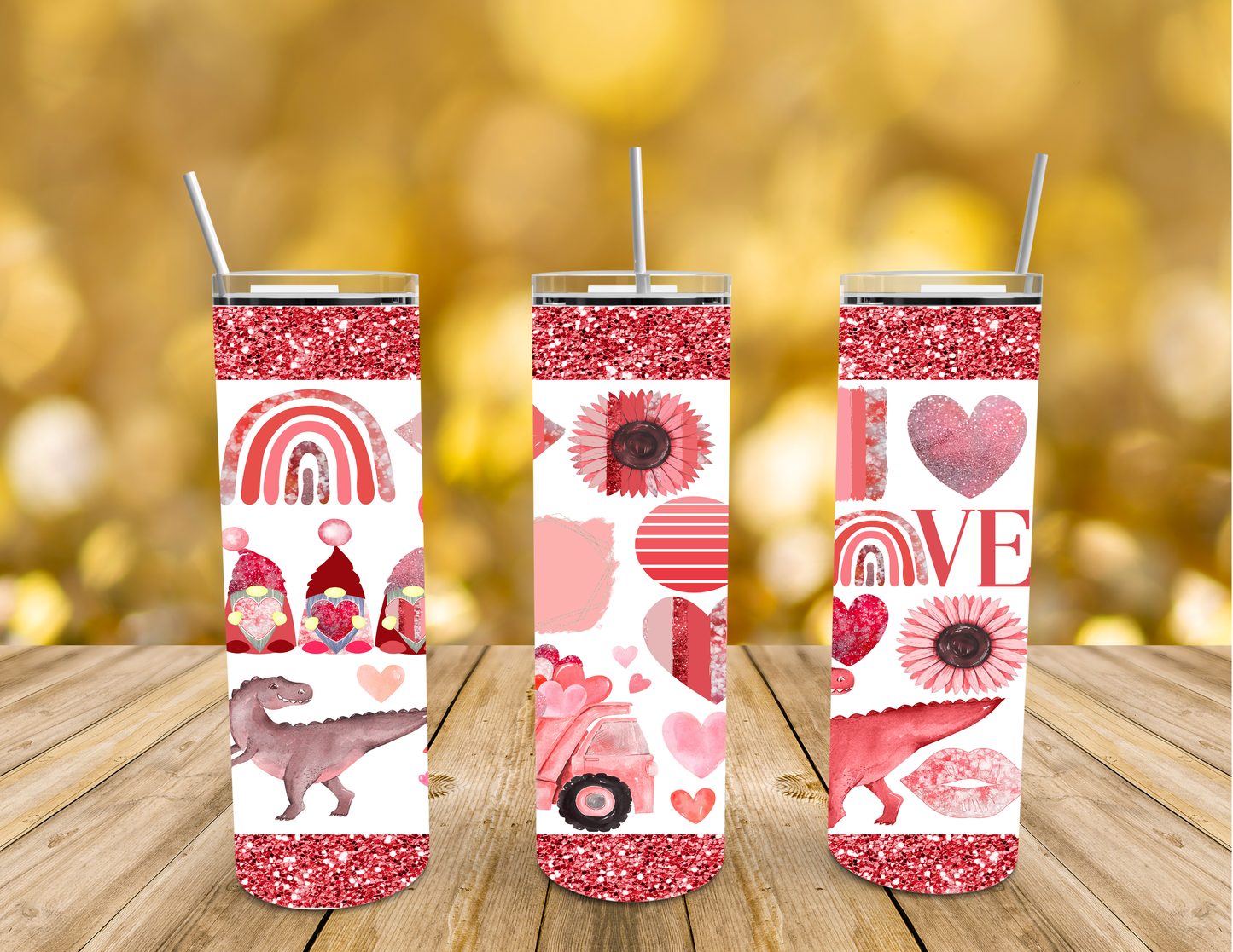 Valentine's Day Glitter Tumbler - 20 oz Stainless Steel Insulated Cup with Love, Dino, and Rainbow Design