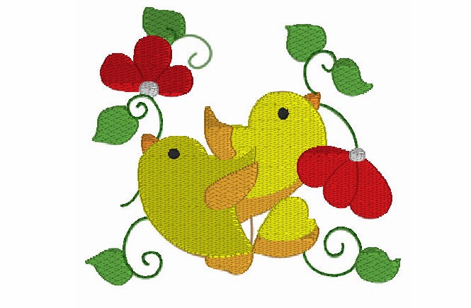 Embroidery Design of Tweety Bird with Flowers