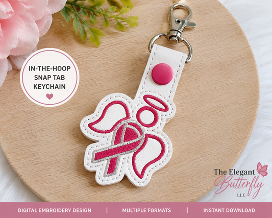Pink Ribbon Angel Wings Faux Leather Snap Tab Keychain Embroidery Design | Breast Cancer Awareness In-the-Hoop ITH Digital Download