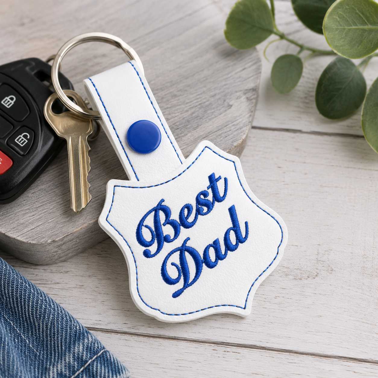 Best Dad Faux Leather Snap Tab Keychain – Embroidered Father's Day Gift | Handmade Key Fob | Backpack Charm