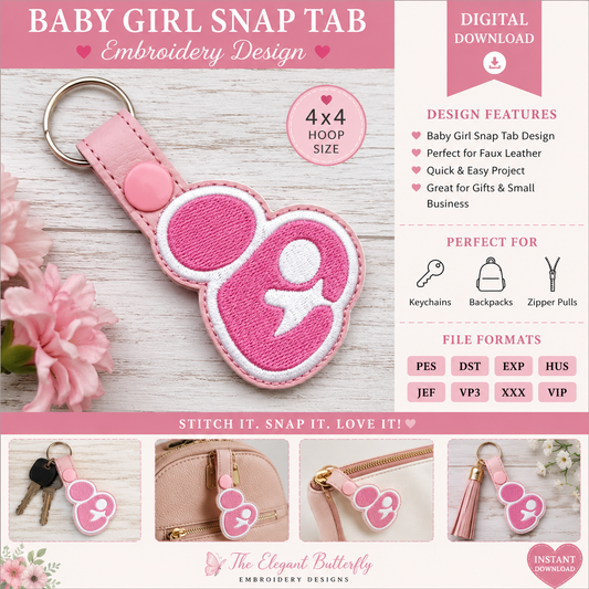 Baby Girl Snap Tab Embroidery Design | 4x4 Machine Embroidery File | Faux Leather Keychain Digital Download