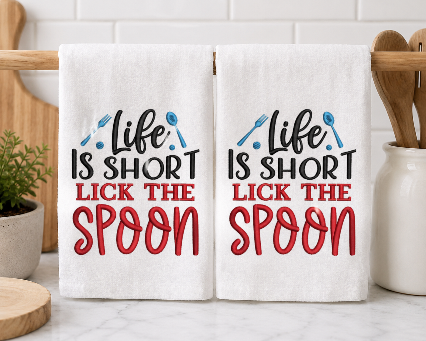 Life Is Short, Lick the Spoon Embroidered Kitchen Towel | Funny Farmhouse Dish Towel | White Flour Sack Tea Towel | Housewarming Gift