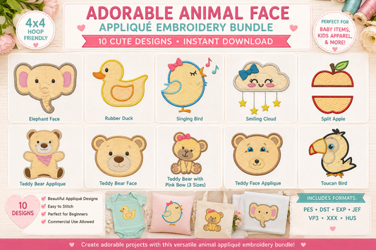 Adorable Animal Appliqué Embroidery Bundle | Cute Baby Animal Designs | Teddy Bear, Duck, Bird, Cloud & More | 4x4 Machine Embroidery Files