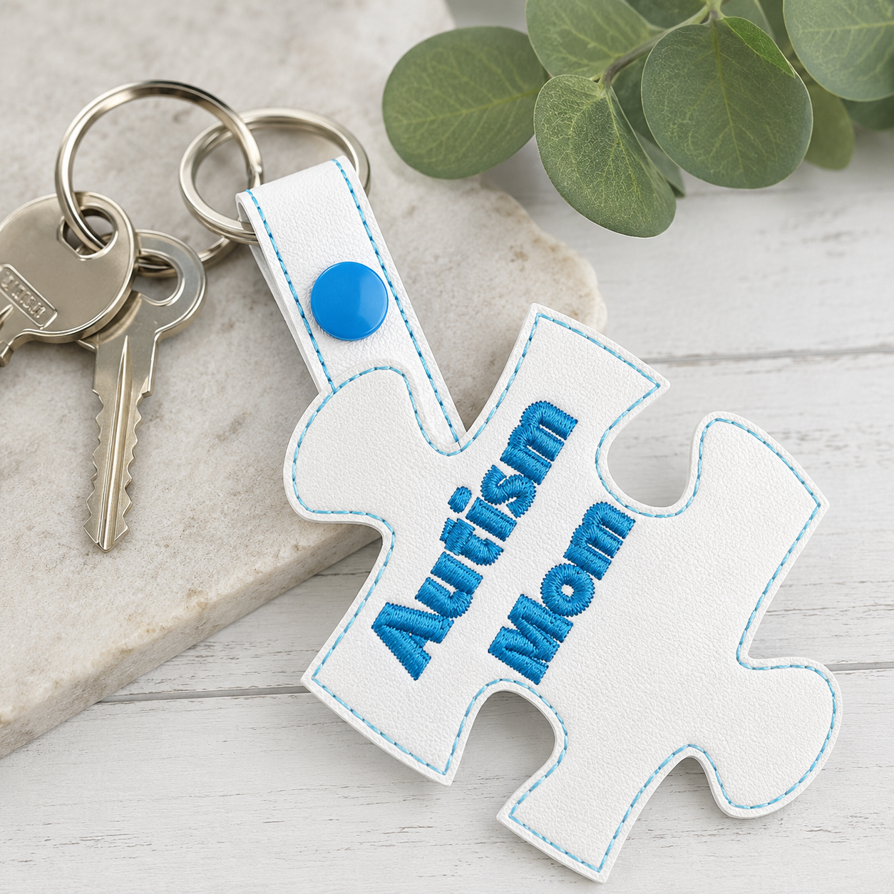Autism Mom Faux Leather Snap Tab Keychain – Embroidered Autism Awareness Puzzle Piece | Handmade Backpack Charm | Mother's Gift