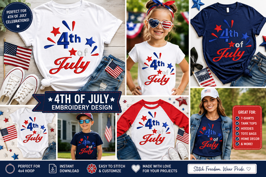 4th of July Embroidery Design | Patriotic Fourth of July Applique | Independence Day Embroidery File | Red White Blue Design | 4x4 Hoop