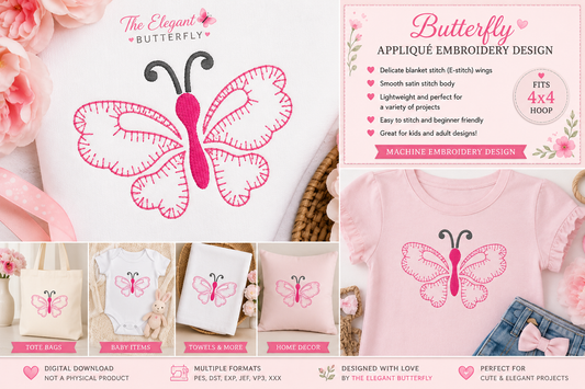 Butterfly Appliqué Embroidery Design | Blanket Stitch Butterfly | 4x4 Hoop | Machine Embroidery Applique File | Cute & Elegant Design