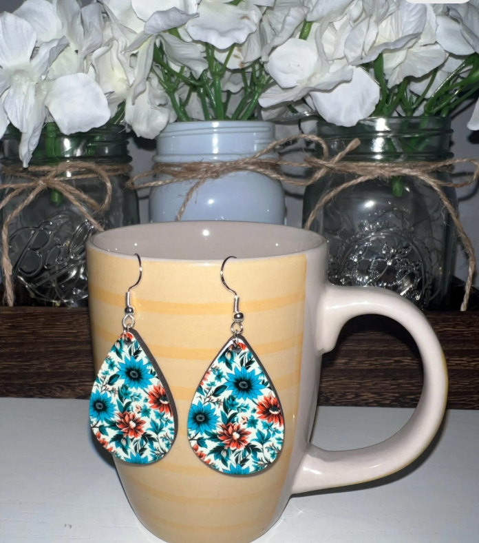 Turquoise Floral Wood Teardrop Earrings - Vibrant Summer Flower Dangle Earrings