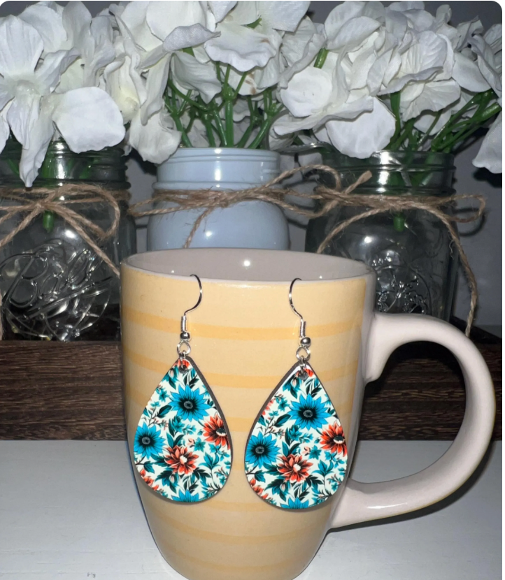 Turquoise Floral Wood Teardrop Earrings - Vibrant Summer Flower Dangle Earrings