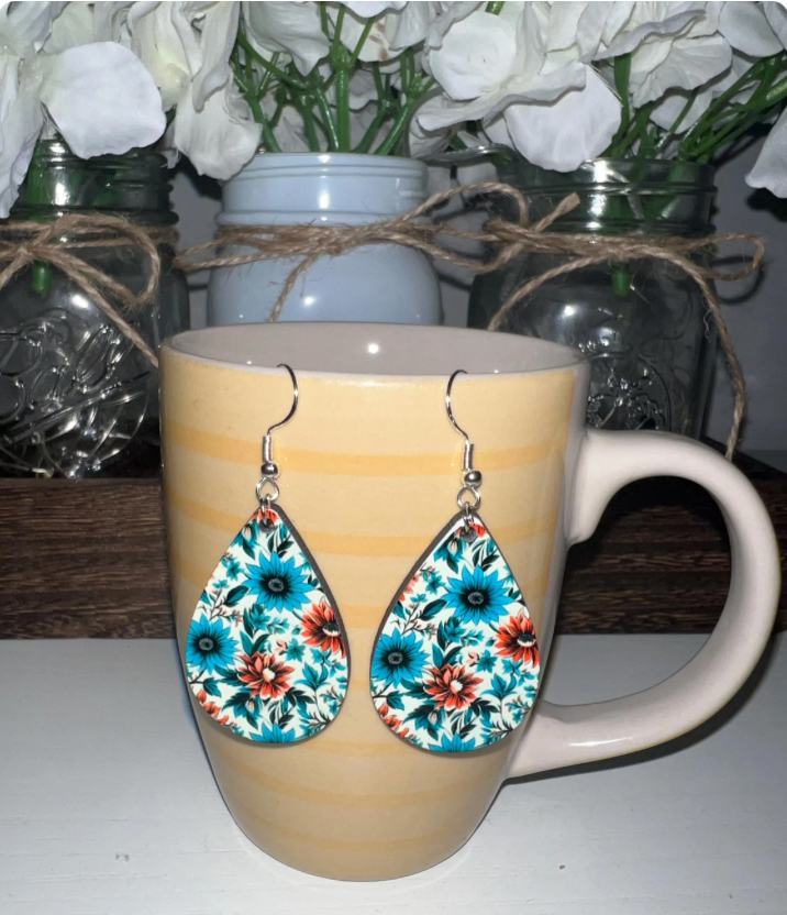 Turquoise Floral Wood Teardrop Earrings - Vibrant Summer Flower Dangle Earrings