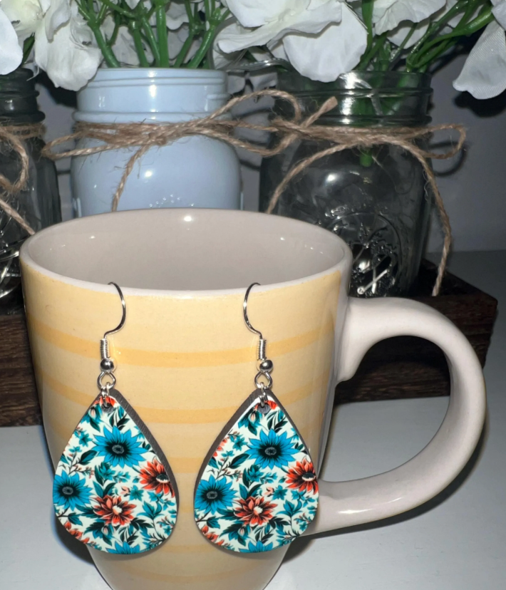 Turquoise Floral Wood Teardrop Earrings - Vibrant Summer Flower Dangle Earrings