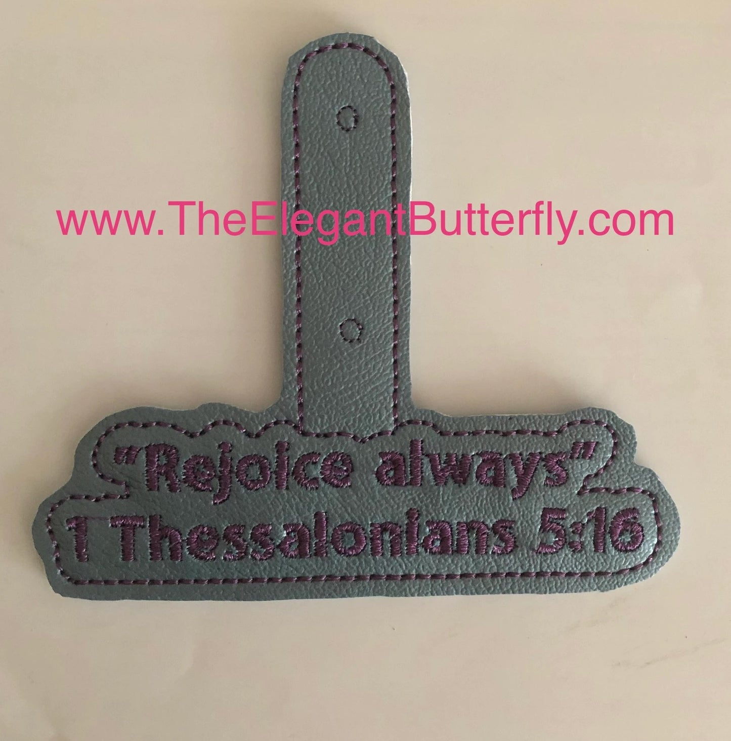 Rejoice Always Bible Verse Faux Leather Snap Tab – 1 Thessalonians 5:16 Embroidery Design | Key Fob | Backpack Charm | Christian Gift