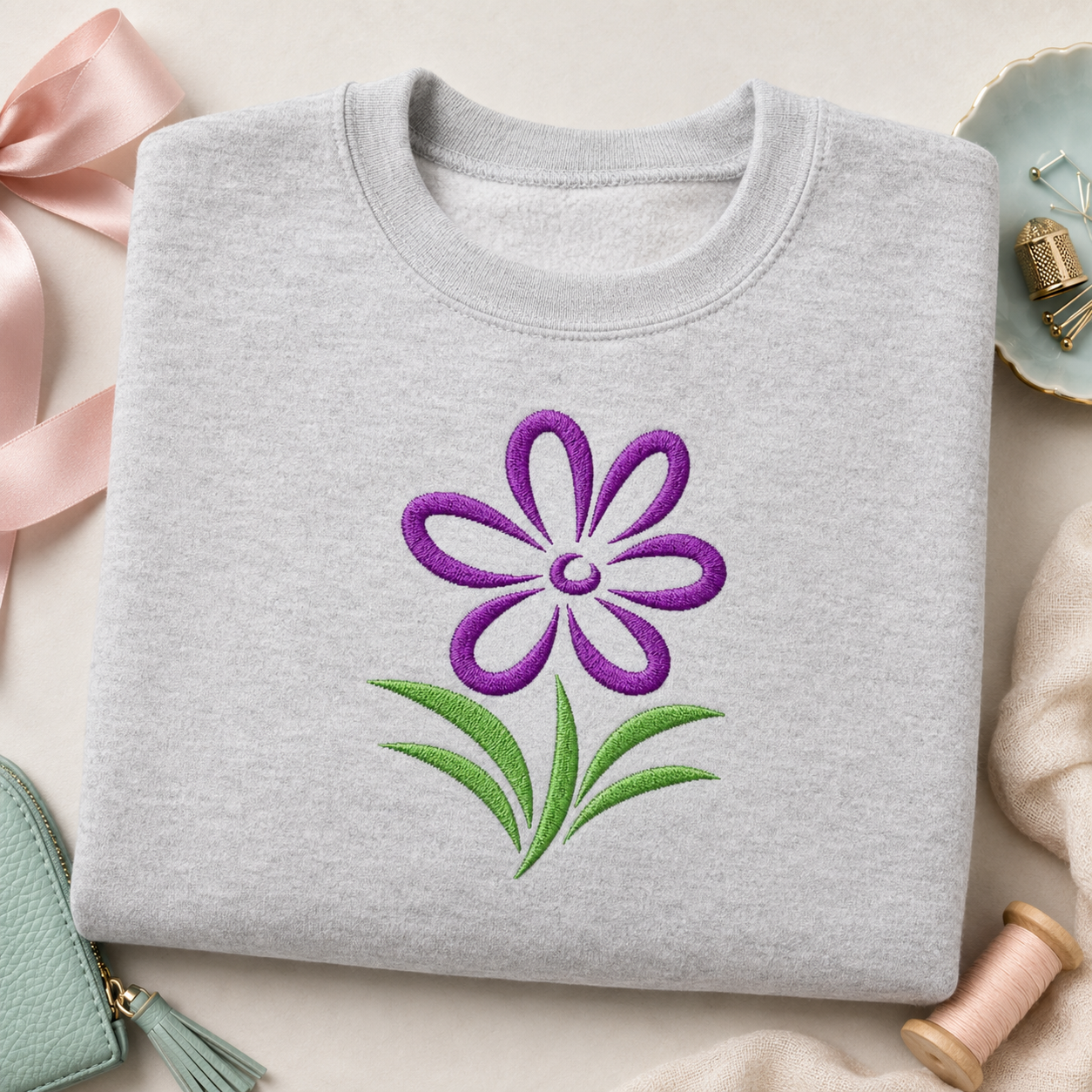 Beautiful Purple Flower embroidery design shown on a light gray sweatshirt