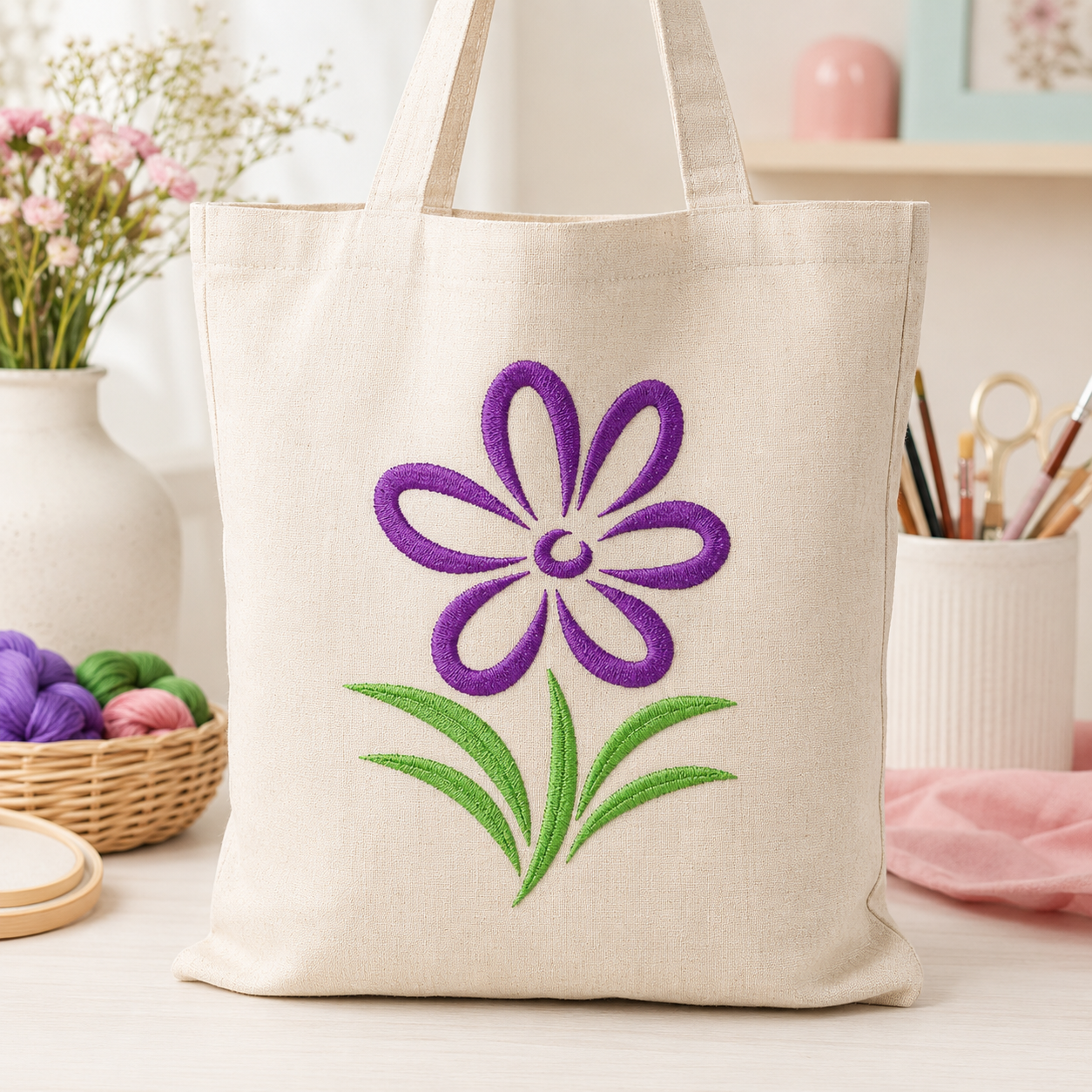 Beautiful Purple Flower embroidery design shown on a cream tote bag