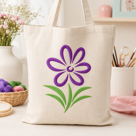 Beautiful Purple Flower embroidery design shown on a cream tote bag