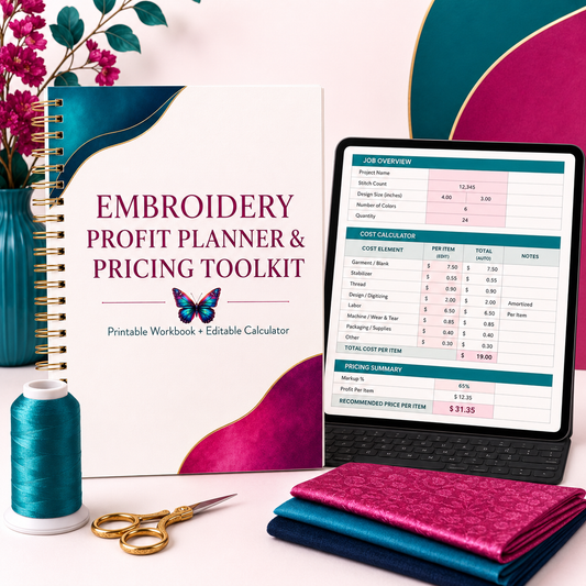 Embroidery Profit Planner and Pricing Toolkit in vivid pink and teal with workbook and editable calculator