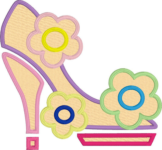 Embroidery Design of Shoe with Flowers Applique